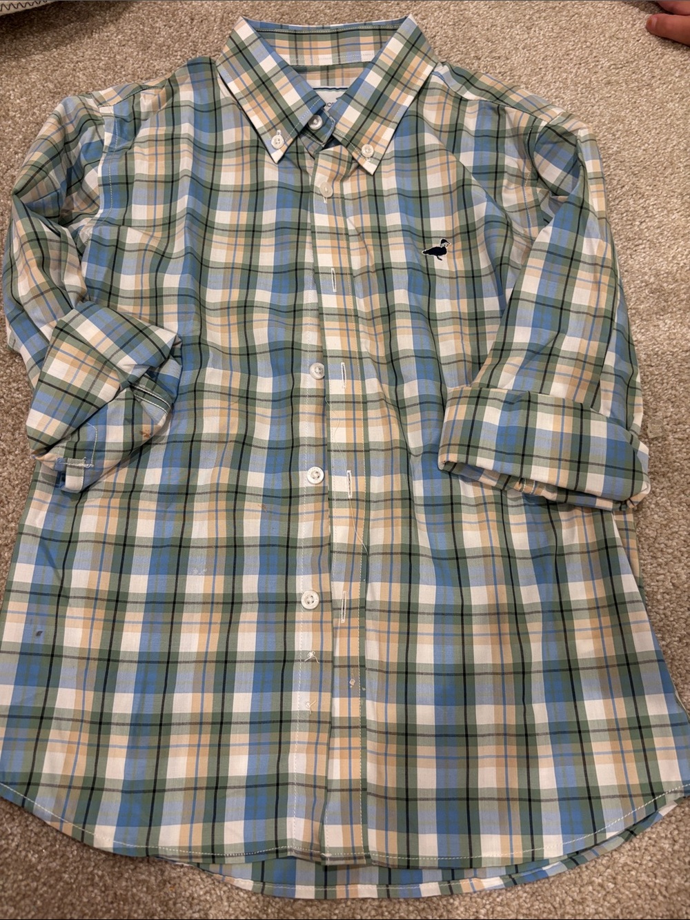 Boys Size 7 Properly Tied Plaid Button-Down Shirt - Green/Blue/Tan